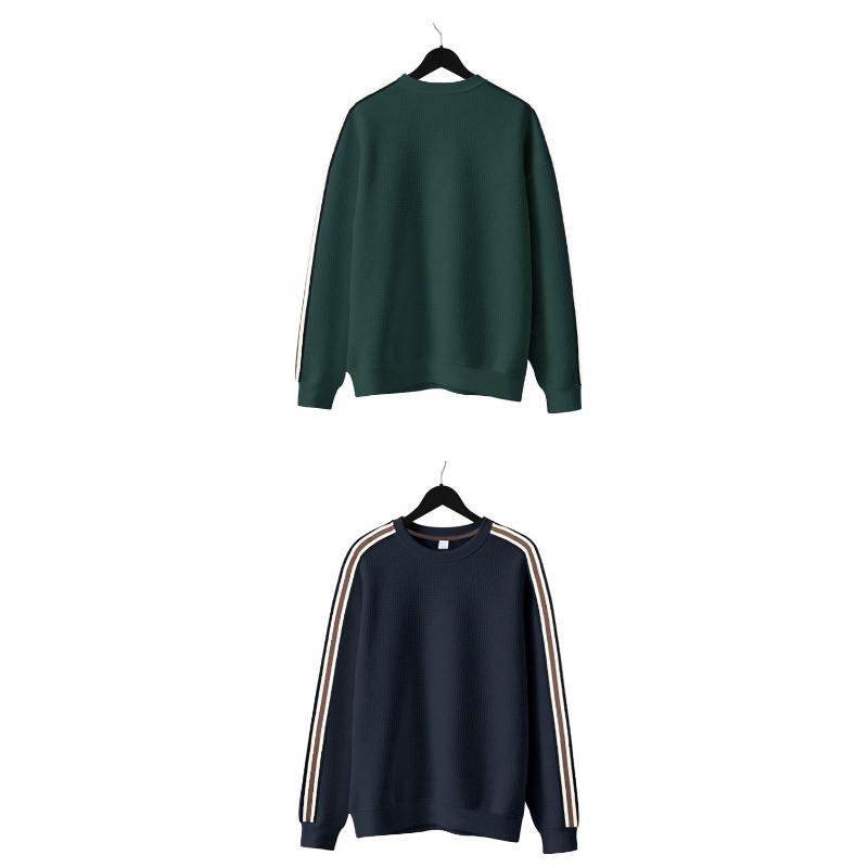 Loose Thin Seven Stripes Mens Waffle Crew Neck Casual Sports Breathable Sweatshirt