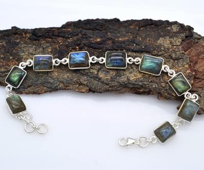 Sterling Silver Labradorite Bracelet Blue With Fire Color 7.25’’ To 7.5" Cushion Cabochon Shape Natural Labradorite Link Bracelet