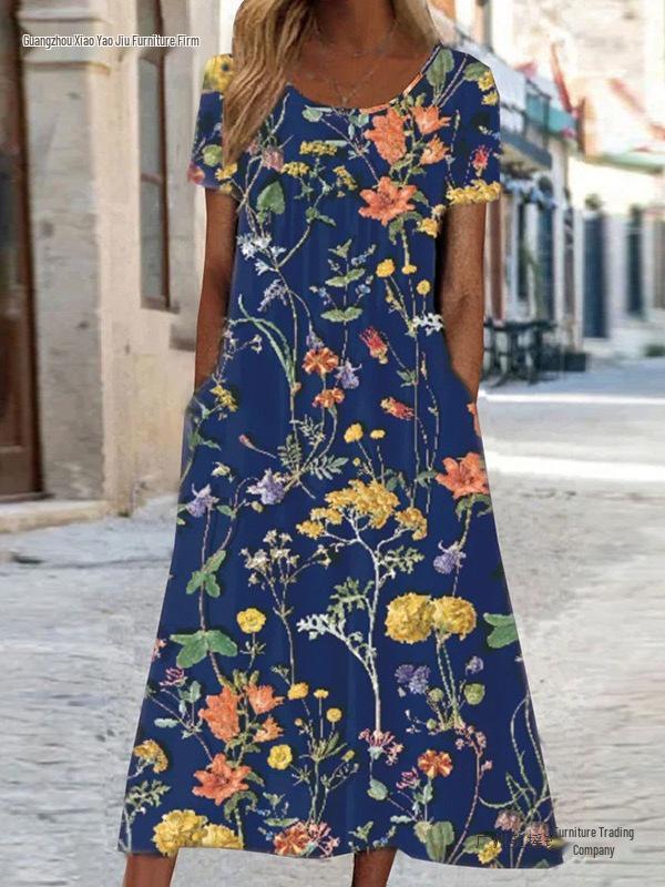 2026 Summer Women's Floral Round Neck Pocket Dress - European & American Style, Casual Loose Fit, Short Sleeve.