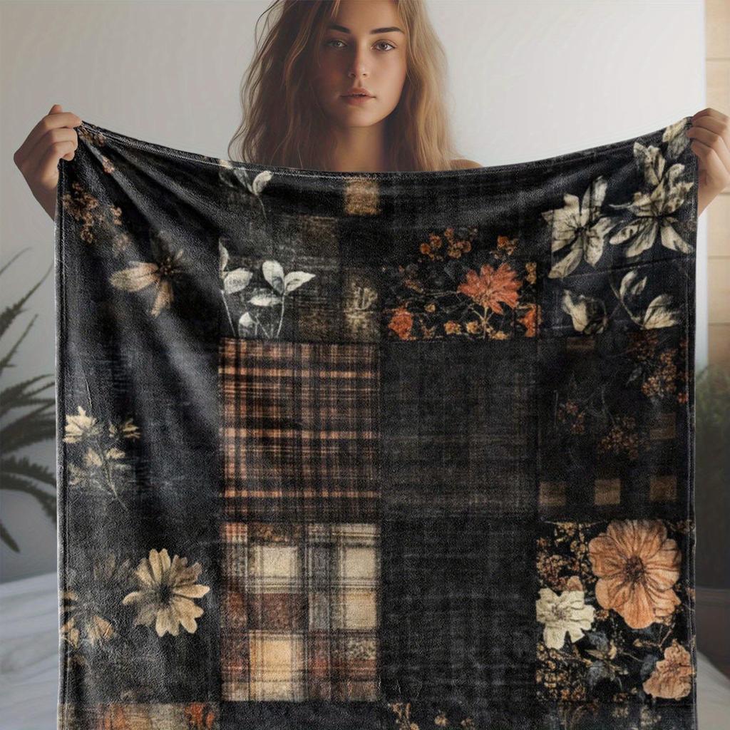 Vintage Florales Karomuster Flanell Überwurf - Weich Warm Patchwork für Sofa Bett Couch Herbst Fall Weihnachtsgeschenk Gemütlich