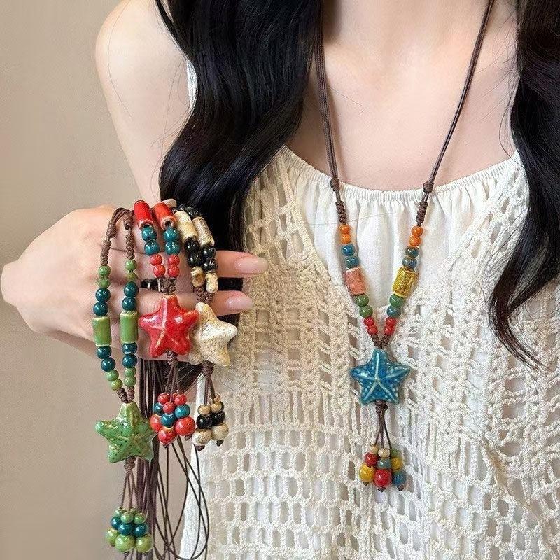 1PC Ethnic Style Star Ceramic Necklace Sweater Chain Retro Cotton and Linen Clothes Accessories Bohemian Style Travel Vacation Accessories