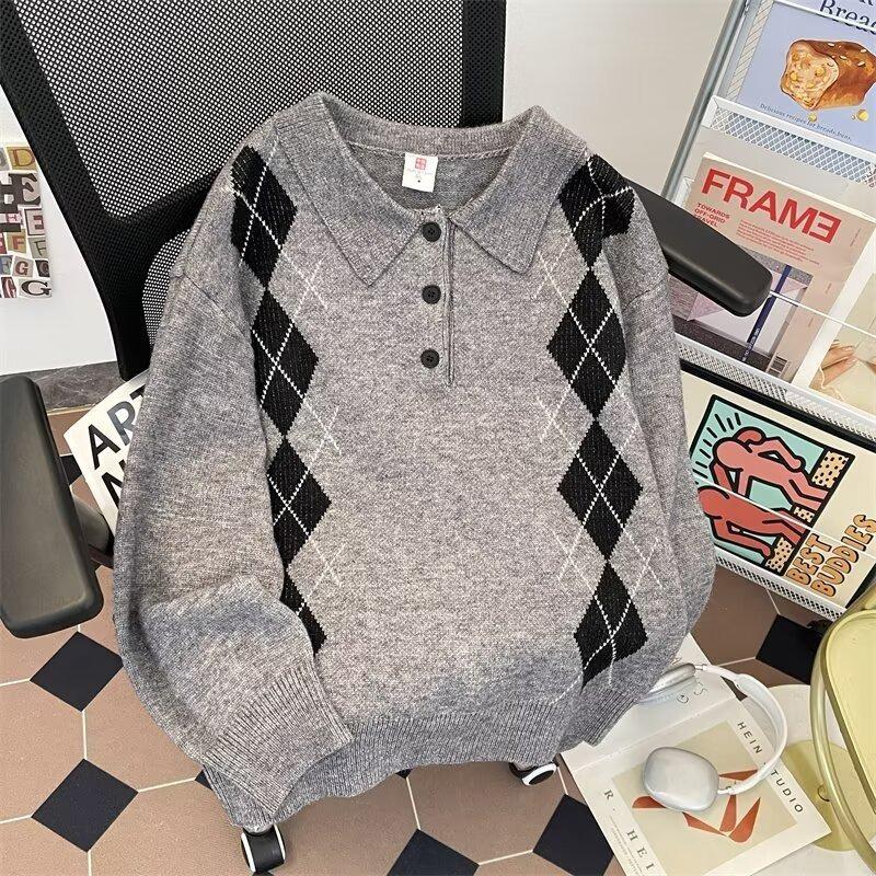 2025 British Classic Diamond Jacquard Color Block Knit Sweater