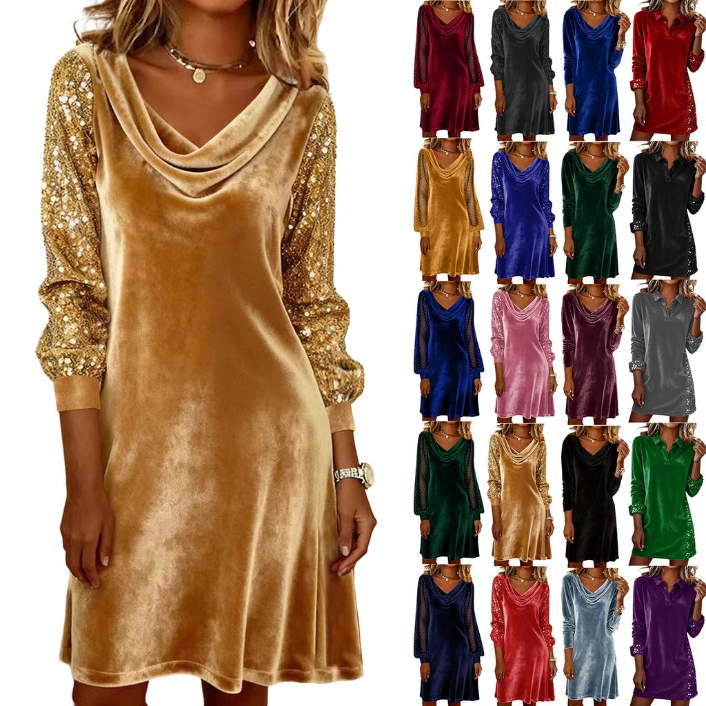 Ladies' Fashionable Casual Sequin Splicing Long Sleeved Fashionable Sexy Temperament Dress