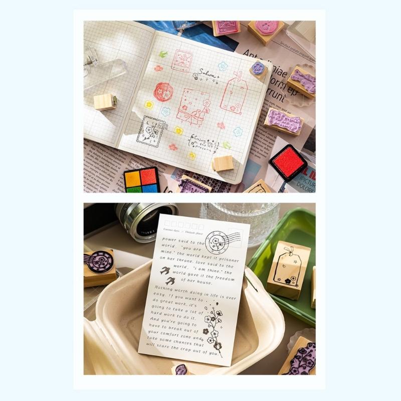 Wooden Rubber Stamps Set,Dream and Cherries Blossom Stamps Set Stamper Seal Set for Journal,DIY Craft,Scrapbook,Planner