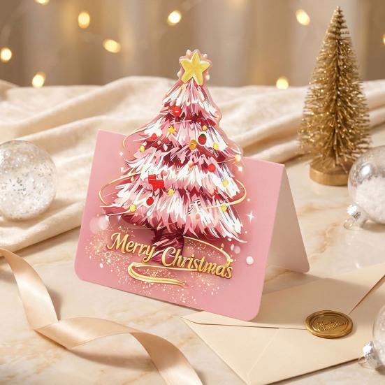 Holiday Gift Exchange Supplies 10 Pcs 3D Christmas Tree Greeting Cards, Postcards Festive Cards for Relatives Friends Bulk New Year, Winter Xmas Party