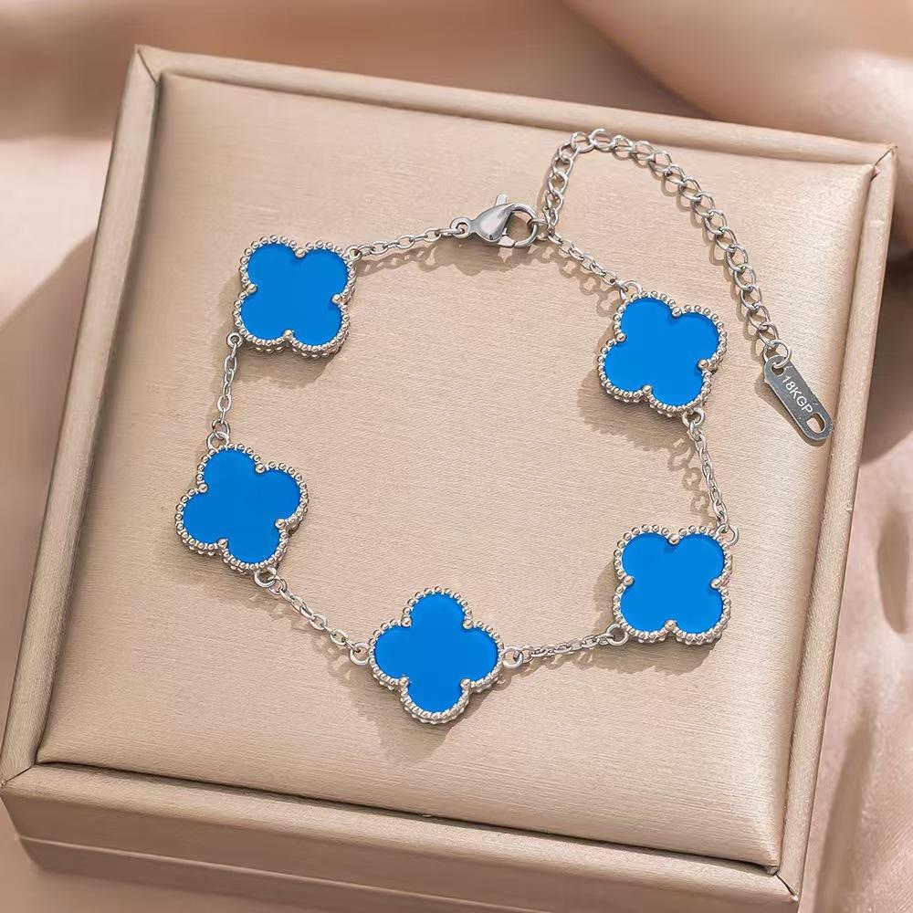 

Браслет 15 мм класса люкс из 18-каратного золота, двухсторонний, с клевером-четырехлистником на удачу, модная цепочка для ключиц в стиле легкой роскоши с пятью цветами из ракушки, браслет из титановой стали OL синий