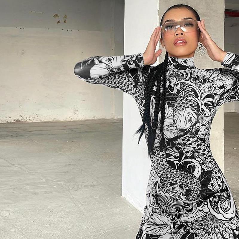 Sukienka Maxi Damska z Nadrukiem Siateczkowym Golf Długi Rękaw Dopasowana Jesień Modna Hipsterska High Street Imprezowa Odzież Y2K