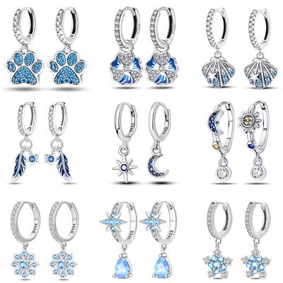 925 Silver Blue Zircon Dreamcatcher Feather Star Moon Cute Claw Hoop Earrings For Women Fine Birthday Jewelry Gifts