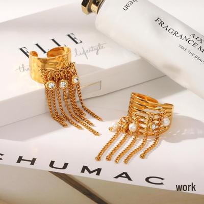 Stainless Steel Tassel Ring with Pearls & Zircon Multi-Layer Hollow Design