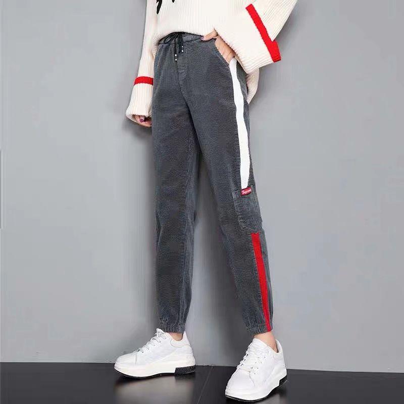 Autumn Winter Panelled Loose Plus Warm Sweatpants Lace-up Waist Straight Women Casual Bloomers Trousers