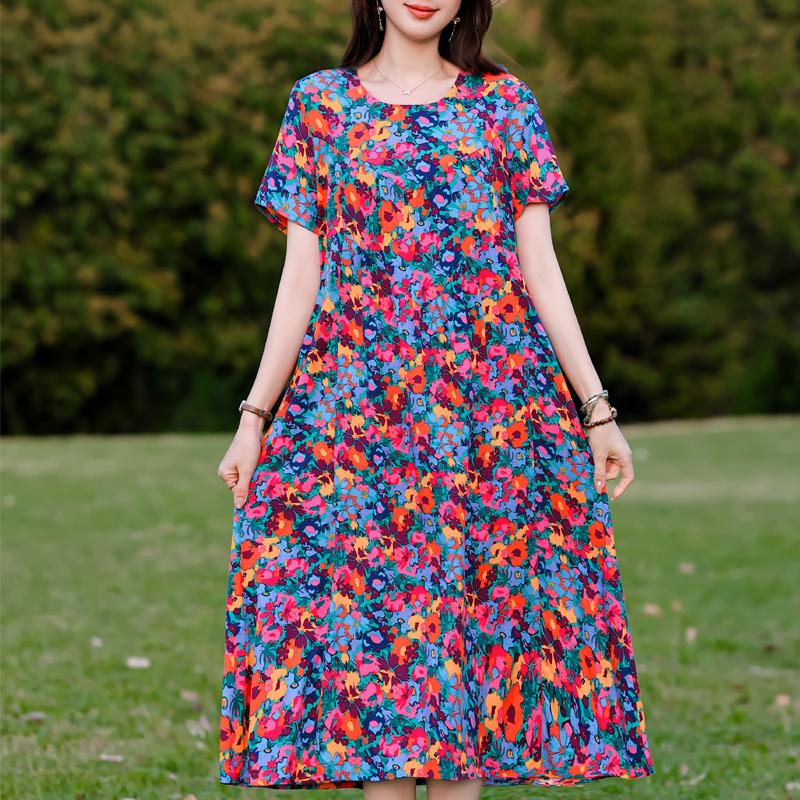 Plus Size Elegant Women's Summer Dress Vintage Clothes Short Sleeve Loose Long Dresses