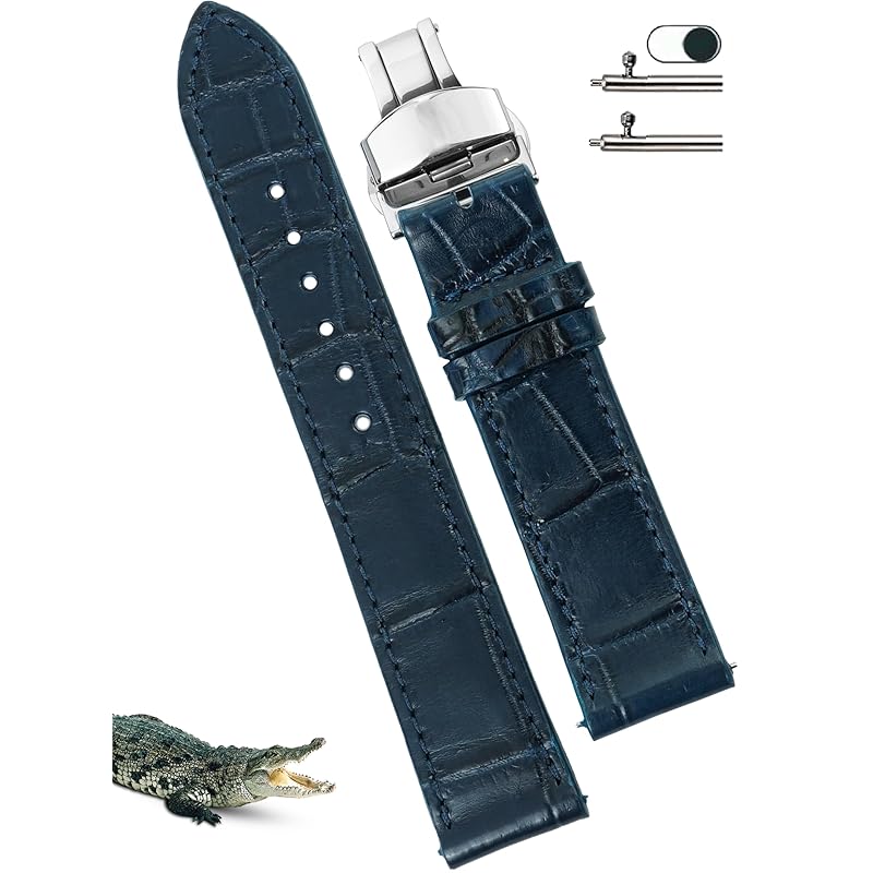 

[vinacreations] 19mm navy blue crocodile watch strap D buckle men s crocodile replacement watch band Thin quick release spring bar wrist silver With D