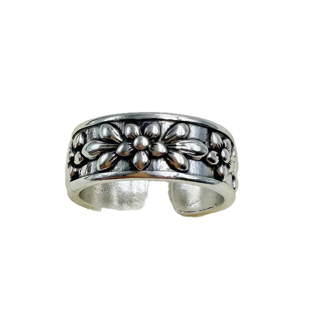 Unisex Adjustable Distressed Flower Open Ring - Versatile Alloy Design