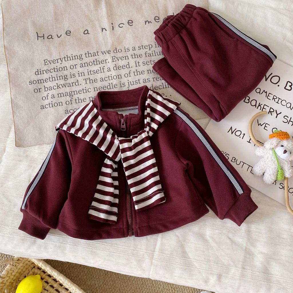 Mädchenmode Gestreifter Schal Burgunder Sweatshirt & Weitbein-Hosen Set, Herbst 2025 Kleinkind Zweiteiliges Freizeitoutfit