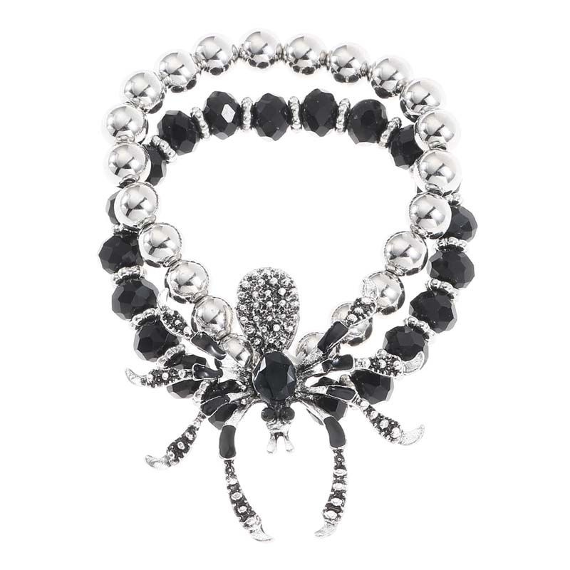Punk Gothic Black Crystal Spider Bead Necklace Bracelet Set for Women Men Exaggerated Animal Handmade Necklace Halloween Jewelry
