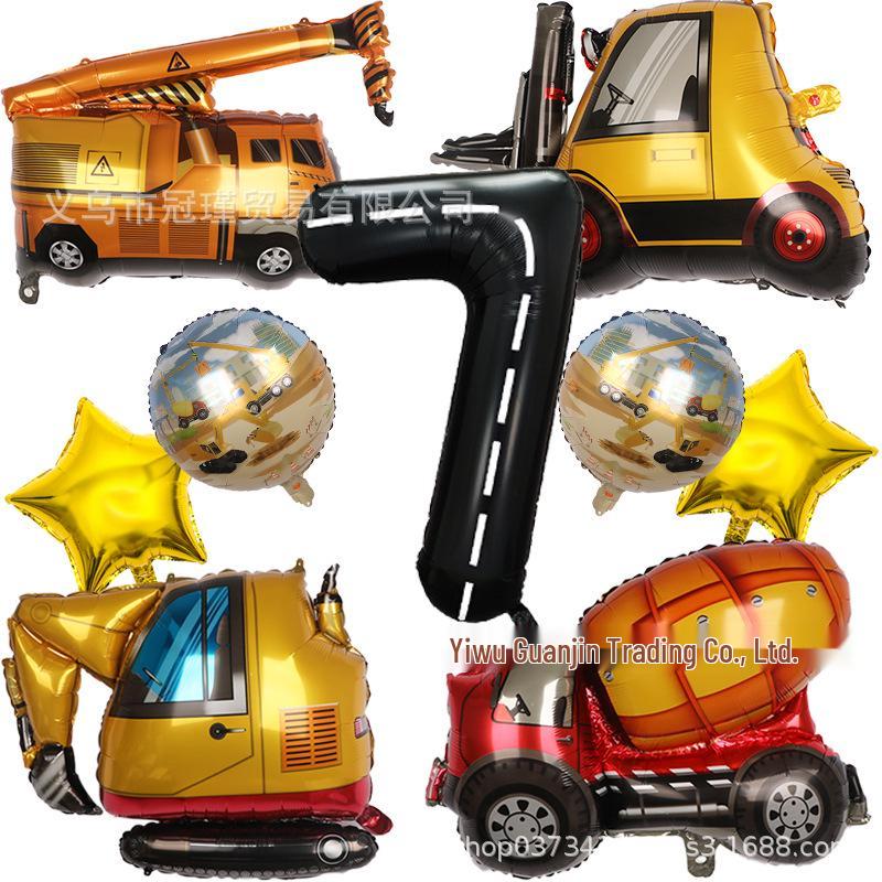 Cartoon Construction Vehicle Balloon Set: Forklift, Cement Mixer & Excavator for Kids' Birthday Decorations