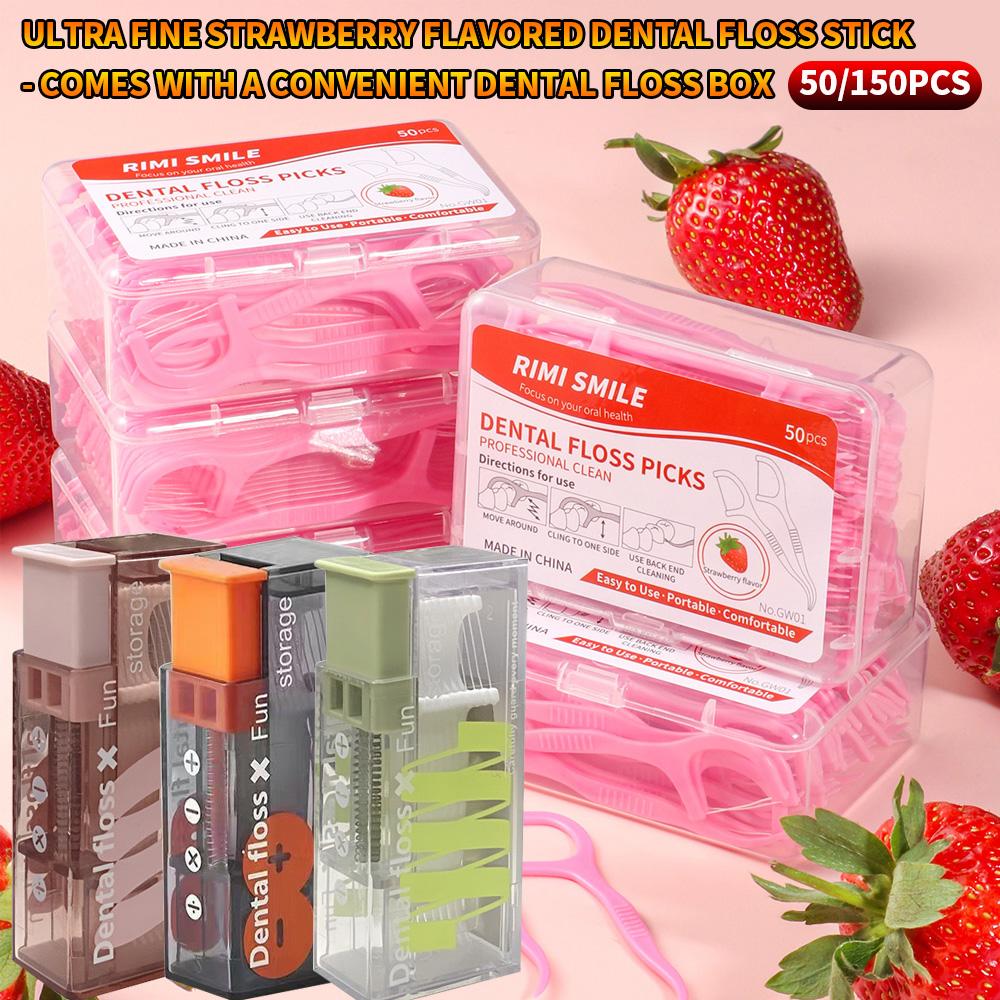RIMI SMILE 50/150PCS Strawberry Flavor Ultra Fine Dental Floss Picks Disposable Teeth Cleaning Floss Sticks with Portable Floss