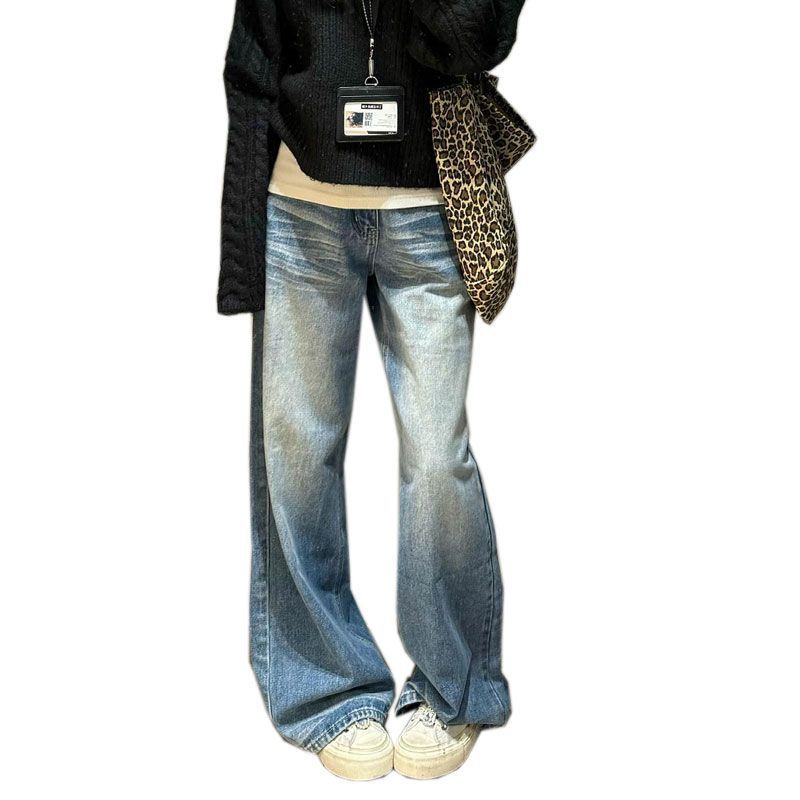 High Street Washed Ripple Denim Kalhoty s širokými nohavicemi Dámské Zavinovací S vysokým pasem Volné Tenké Rovné Vlečné kalhoty Džíny pro ženy Dlouhé džínové kalhoty
