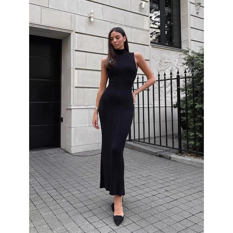 

Summer Sleeveless Knitted Dress Women Turtleneck Slim Fit Elegant Dress Fashion Elegant sexy Solid Color Casual Long Party Dresses High Waist Clothing S чёрный
