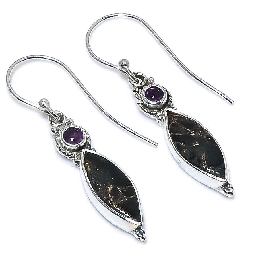 Natural Copper Turquoise,Amethyst 925 Solid Sterling Silver Earring 1.75" S8O72