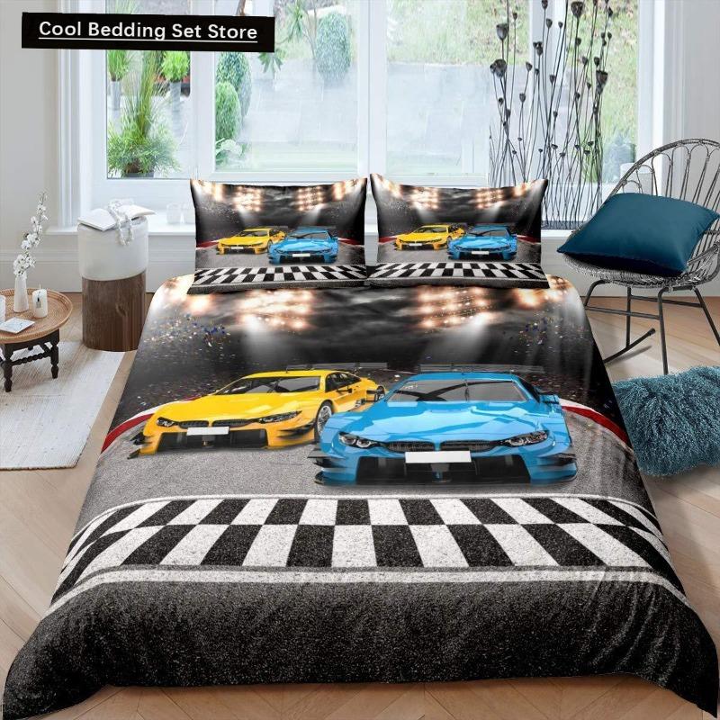 Rennwagen King Queen Bettbezug Cool Speed Racing Bettwäsche Set Teenager Männer Schwarz Sportwagen Bettbezug Polyester Bettbezug