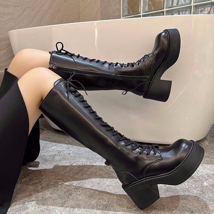 Thick-soled heightening boots women's 2025 autumn and winter new thick-soled lace-up elastic boots retro knight boots black boots