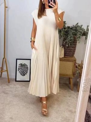 Kadınlar İçin Moda Yuvarlak Yaka Kolsuz Pileli Elbise Uzun Etek
