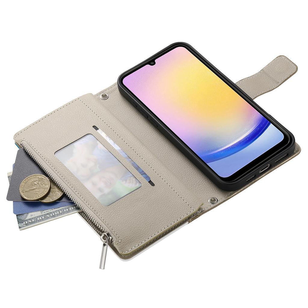 For Samsung Galaxy A25 5G (Global) (161.0mm) Etui Glidelås Lommebok Fargespleiset Lær Flip Telefondeksel med Stropper