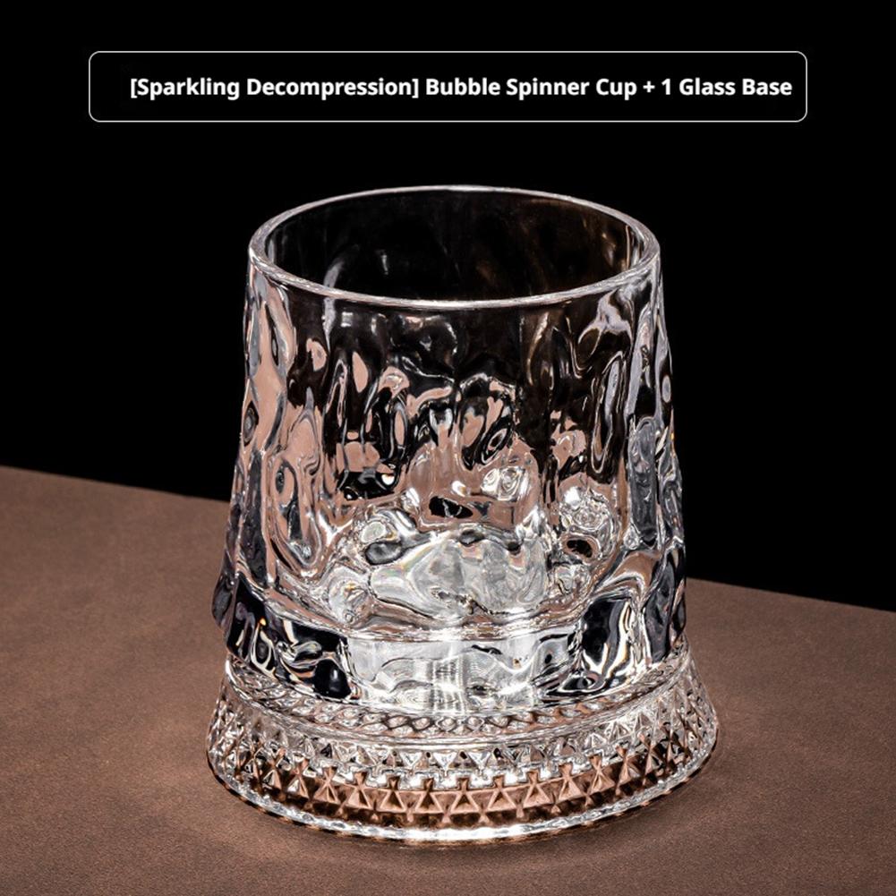 280ml Crystal Rotating Whiskey Glass with Base Diamond Cut Ice Flower Bubble Pattern Spinner Cup for Home Bar Party Gifts