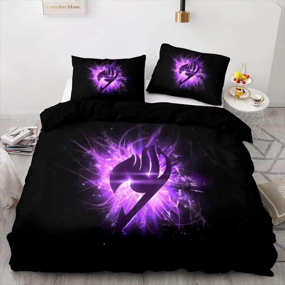 Neues Anime Fairy Tail Schwarzes Bettwäsche-Set 3D-Druck Geeignet für Schlafzimmer Bettbezug-Set Mit Kissenbezügen Kinder Heimtextilien