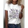 European Sizes Women'S Casual Black T-Shirt with Vibrant Lavender & Purple Floral Print - Short Sleeve, Crew Neck, Spring/Summer Top