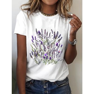 Taglie Europee T-shirt Casual da Donna Nera con Vivace Stampa Floreale Lavanda e Viola - Manica Corta, Girocollo, Top Primavera/Estate