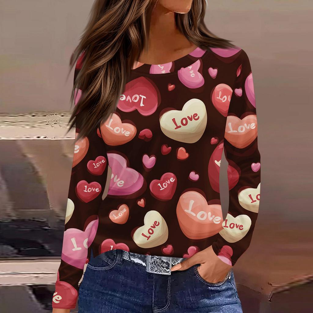 Damen Modisches Langarm-Rundhals-Oberteil mit Schlitzsaum und Valentinstag-Herzprint