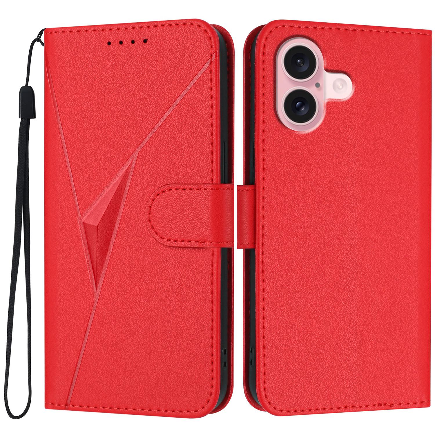 

YX0090 For iPhone 16 Case Triangle Imprint Leather Phone Cover with Lanyard - Red