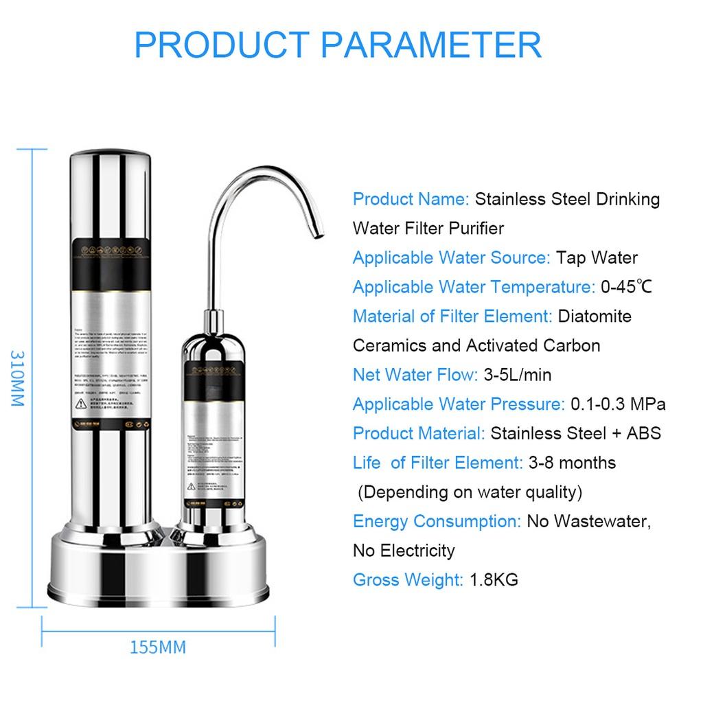 3-5L/min Drinking Water Filter Purifier Ultra-filtration System Desktop Stainless Steel + ABS