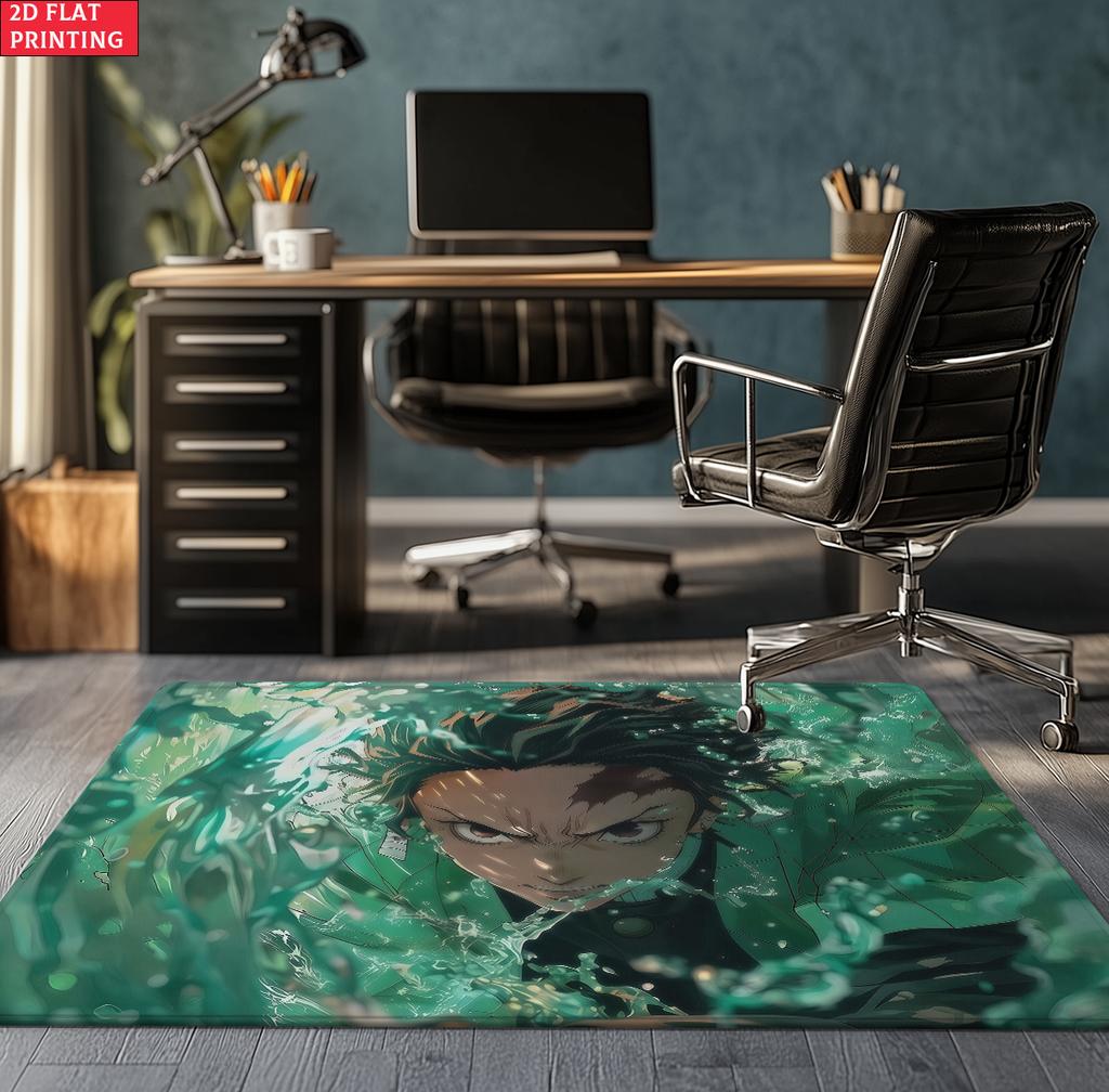 Anime Swordsman Area Rug, Blue Water Wave Theme  Floor Mat, Decorative Carpet for Gaming Room Bedroom, Washable Home Decor Gift