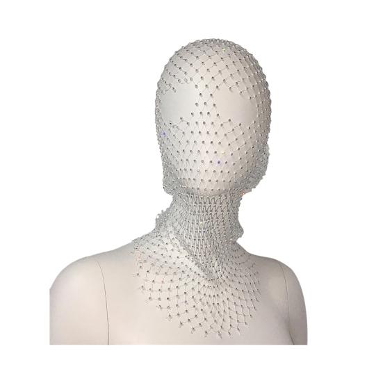 Fishnet Hat Rhinestones Design Hollow Hooded Hat Solid Color Breathable Elastic Fishnet Night Club Hat