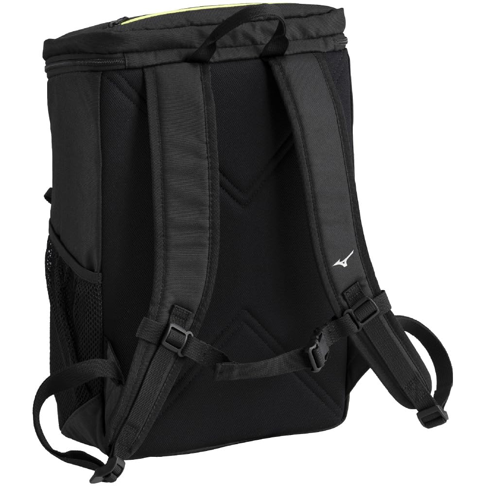 Mizuno N-XT Backpack, 20L, for School, Travel, Excursions, Club Activities, and Sports, Model 33JDC002, Black x Lime, Dimensions: L28 x W14 x H40