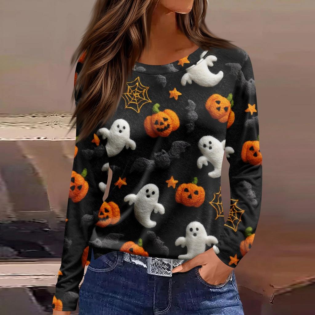 Mote Casual Langermet Trykk Rund Hals Pullover Topp Bluse for Kvinner