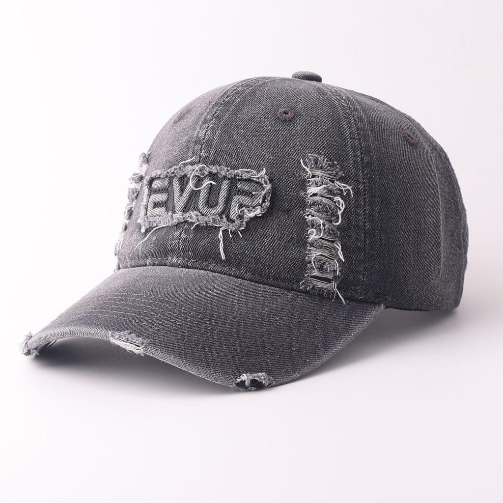 Retro and old denim ripped baseball cap big head circumference letter embroidery showing face small sunshade cap