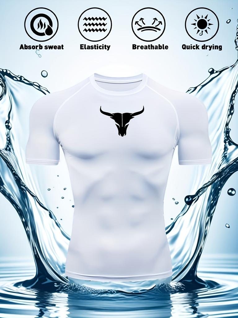 Mens Navy Blue Compression Short Sleeve T-Shirt White Bull Skull Graphic Quick Dry Breathable High Elasticity Gym Workout And MMA Athletic Top