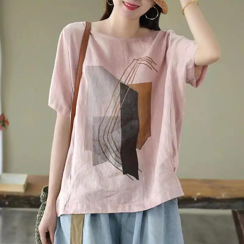 T-Shirt Damen Baumwolle Sommer Lässig Große Größe Locker Rundhals Pullover Kurzärmelige Oberteile