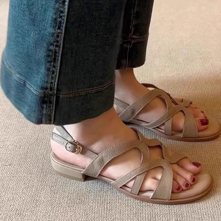 Schafsleder-Version~ Sommerweiches Leder weiche Sohle atmungsaktive flache Schuhe neu vielseitig lässig runde Spitze Zehenfrei Sandalen Damenschuhe