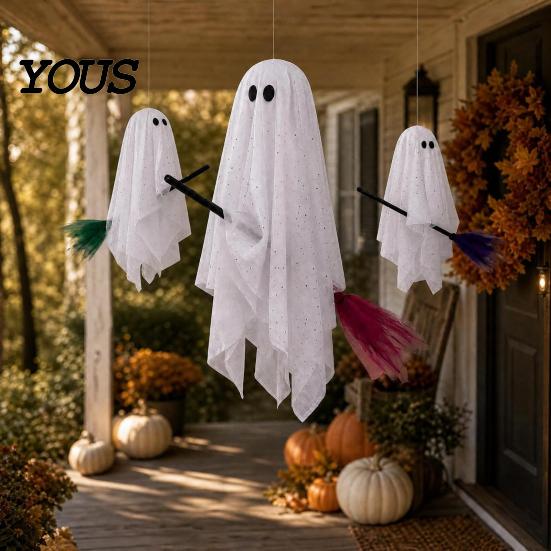 Weather Resistant Halloween Decor 3 Pcs Hanging Ghosts on Brooms, Spooky Flying Gauze Ghost Lighted Yard Sign with Broomstick for Tree, Porch,
