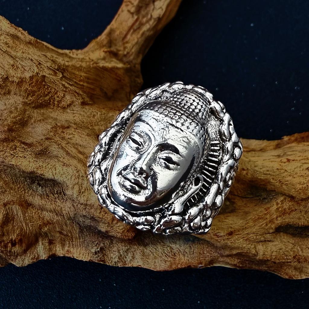 Anello Grande Aperto Retro Vairocana Buddha Per Uomini Rame Placcato Argento Punk Gotico Edgy Accessori Buddismo Benedizione Regalo