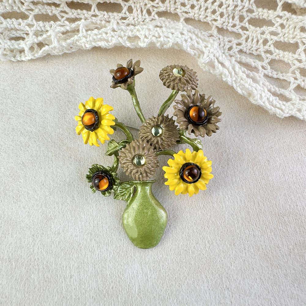 Enamel Flower Brooches for Women Unisex Van Gogh Sunflower Vase Pins Office Gifts Party Birthday Collect Ornaments Accessories