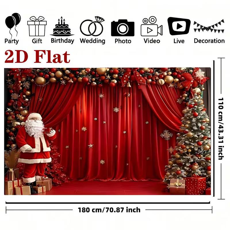 2D Christmas Red Curtain Backdrop Santa & Tree Party Photography Background