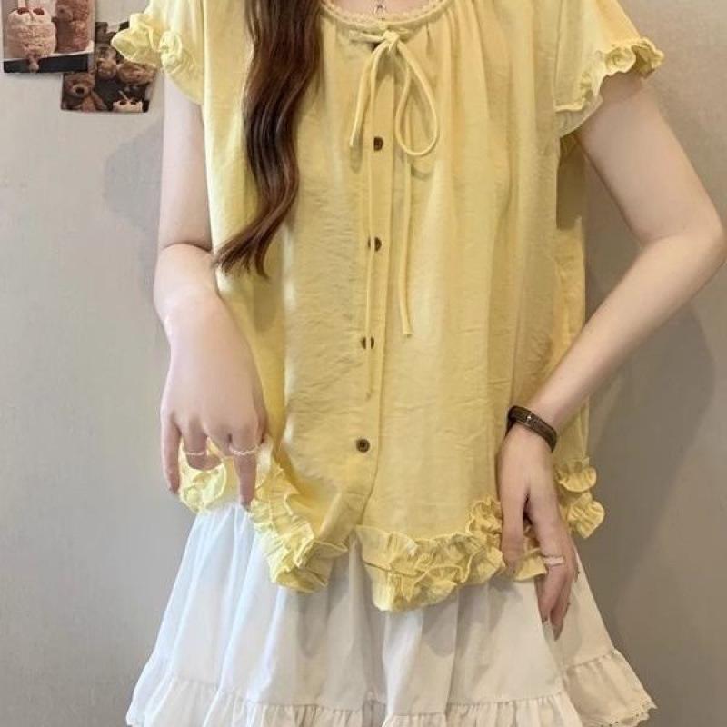Plus Size Flutter Sleeve Red Doll Top for Women - Summer 2026 Short Sleeve with Ruffled Hem 2XL (130-145)