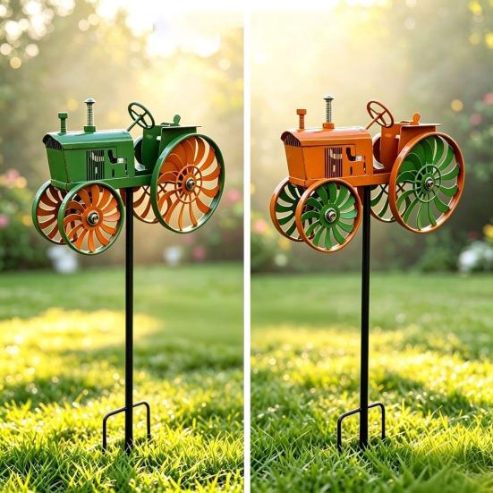 Garden Wind Spinner Kinetic Tractor Wind Sculpture with Rotating Wheels Outdoor Metal Windwill with Stake for Flower Bed Lawn Patio