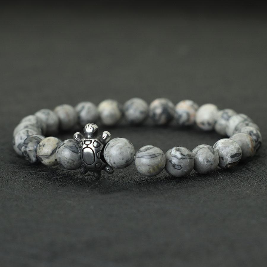 Simple Style Natural Stone Beaded Bracelet For Men Stainless Steel Turtle Braslet Surfer Nautical Ocean Cuckold Braclet Pulsera